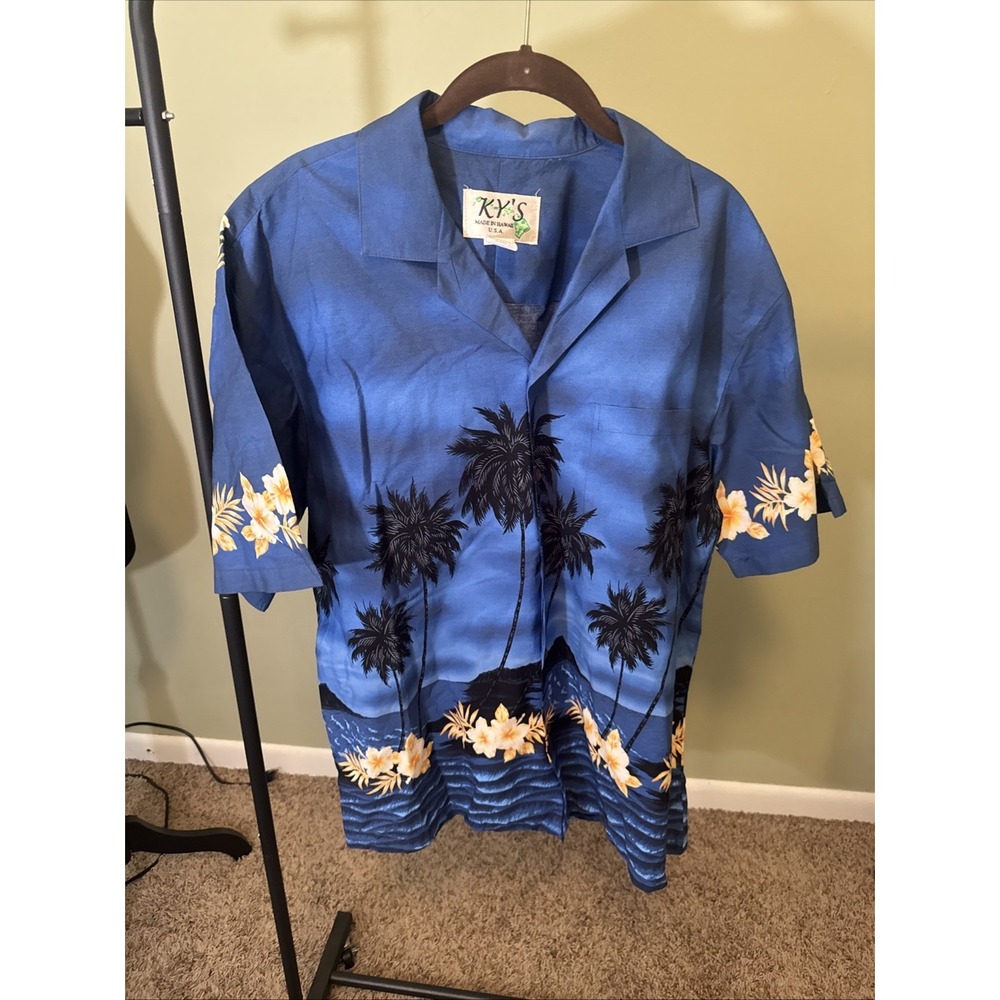 Vintage Ky's Made in Hawaii Hawaiian Shirt Blue Beach Palm Tree L 100% Cotton